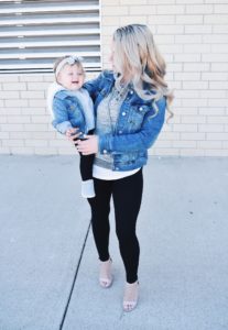 Mommy and Me Matching Outfits - Mom and Baby Girl Matching Outfits - Here's some of the best Mommy and Me Outfit Ideas on the Internet! This casual Mommy and Me style jean jacket over hoodie look can work for a baby girl or baby boy and is easy to pull together with items you both probably already have in your closets. Jean jacket outfit ideas, Hoodie outfit ideas, Casual Fall Style, Casual Fall Outfit. #LikeTKit #Fashion #MommyandMe #Twinning