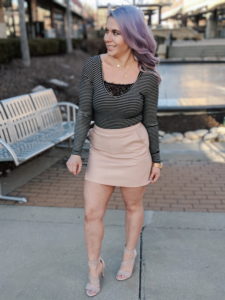 Cute Shoes for Spring 2019 - Where to find the best cute shoes for spring 2019! Kansas City fashion blogger Tricia Nibarger of COVET by tricia showcases the shoe selection at Off Broadway Shoes at Legends Outlets in Kansas City. (ad) Strappy nude sandals are paired with a pink leather mini skirt, black bodysuit, and cute bralette. #obshoes #fashion #style #fashionista #styleinspo