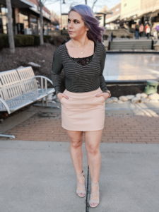 Cute Shoes for Spring 2019 - Where to find the best cute shoes for spring 2019! Kansas City fashion blogger Tricia Nibarger of COVET by tricia showcases the shoe selection at Off Broadway Shoes at Legends Outlets in Kansas City. (ad) Strappy nude sandals are paired with a pink leather mini skirt, black bodysuit, and cute bralette. #obshoes #fashion #style #fashionista #styleinspo